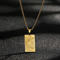 Kinitial Stainless Steel Strength Lion Tarot Card Pendant Necklace For Women Men Punk Amulet Jewelry Choker Husband Gift