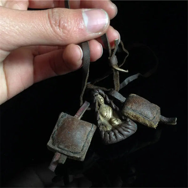 Tibetan Pocket Buddha Amulet Medicine God with Cow Leather Rope TNL391