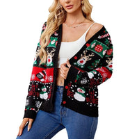 Fashionable knitted V-neck Christmas pattern single breasted long sleeved cardigan for autumn and winter women's casual sweater