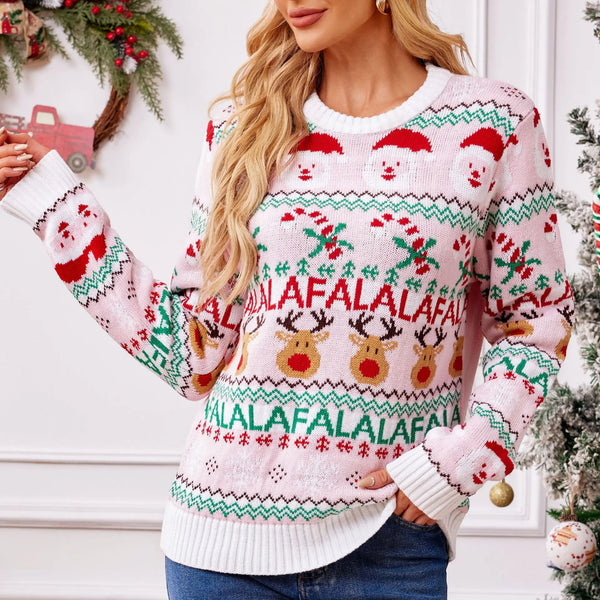 Xmas Look 2025 New Winter Pink Print Cute Soft Christmas Knitwear Long Sleeve O Neck Casual Loose Jumpers Jacquard Pullover Tops