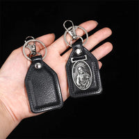 PU Leather Keychain Saint Christopher Charm Pendant Men Antique Bronze Plated Hook Keychain Car Keychain