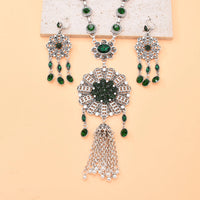 Gypsy India Ethnic Style Water Drop Pendant Geometric Crystal Necklace Earrings For Women Retro Silver Plated Bohemian Jewelry