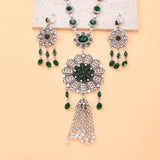 Gypsy India Ethnic Style Water Drop Pendant Geometric Crystal Necklace Earrings For Women Retro Silver Plated Bohemian Jewelry