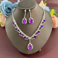 Explosive rhinestone necklace earring set, bridal jewelry, purple water droplet jewelry, three piece set