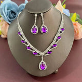 Explosive rhinestone necklace earring set, bridal jewelry, purple water droplet jewelry, three piece set