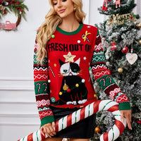 Winter 2025 Women's Christmas Knit Jumpers Long Sleeve O Neck Warm Thick Sweater Cartoon Print Soft Cute Pullover Xmas Look Top