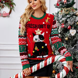 Winter 2025 Women's Christmas Knit Jumpers Long Sleeve O Neck Warm Thick Sweater Cartoon Print Soft Cute Pullover Xmas Look Top
