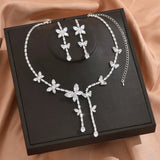 Women's fashionable butterfly tassel zircon necklace earring jewelry set, with a light luxury design and a high-end feel