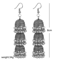 Indian Ethnic Style Earrings Jewelry For Women Retro Antique Alloy Carved Beads Bells Tassels Hanging Long Earrings