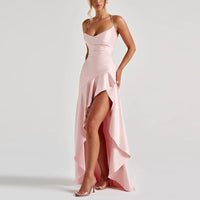 Sexy Slash Neck Slim Ruffle Banquet Dress Women Spring Backless Lace-up Long Irregular Dress Summer Sleeveless Hollow Maxi Dress