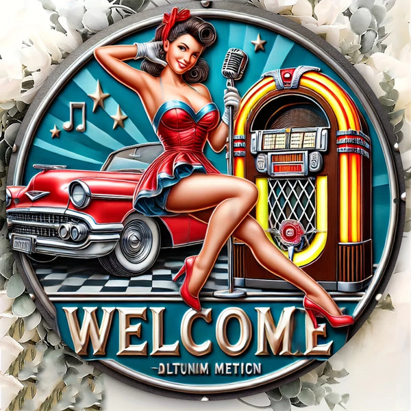 Vintage 'Welcome to My Concert' Iron Wall Art - Glamorous Microphone Woman Round Decor for Home, Bar, Cafe & Bedroom