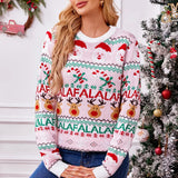 Xmas Look 2025 New Winter Pink Print Cute Soft Christmas Knitwear Long Sleeve O Neck Casual Loose Jumpers Jacquard Pullover Tops