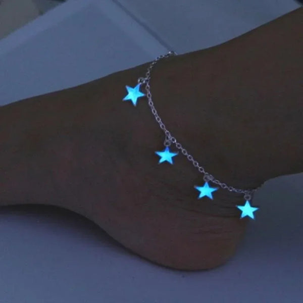 Luminous Europe and The United States Ladies Beach Wind Blue Five-pointed Star Tassel Anklet Luminous Star Bracelet Foot Jewelry