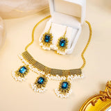Luxury Retro Crystal Bridal Jewelry Sets for Women Ethnic Indian Gold Plated Wedding Necklace Earrings Sets Valentine's Day Gift
