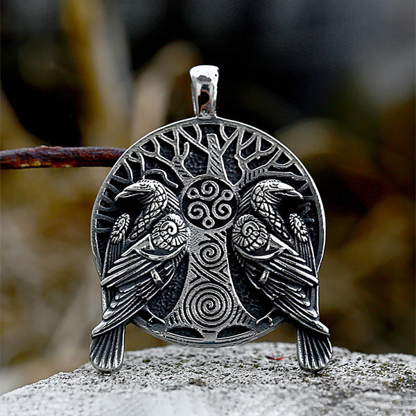 Fashion Vintage Viking Odin Double Ravens Necklace Stainless Steel Nordic Tree of Life Pendant for Men Amulet Jewelry Wholesale