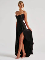 VC Elegant Black Satin Maxi Dress with Crisscross Spaghetti Straps and High Slit Ruffled Hem for High - Profile Occasions