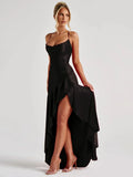 VC Elegant Black Satin Maxi Dress with Crisscross Spaghetti Straps and High Slit Ruffled Hem for High - Profile Occasions