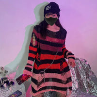 2024 Purple Striped Gothic Sweaters Women Ripped Holes Loose Knitted Pullover Frayed Fairy Grunge Jumpers Emo Streetwear Lolita