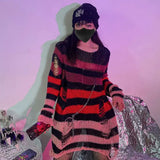 2024 Purple Striped Gothic Sweaters Women Ripped Holes Loose Knitted Pullover Frayed Fairy Grunge Jumpers Emo Streetwear Lolita