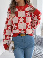 VigoCasey 2025 Autumn Winter Christmas Knitted Sweater Women Casual Plaid Print Pullover Lady Lantern Long Sleeve Loose Jumper