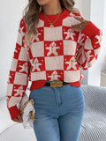VigoCasey 2025 Autumn Winter Christmas Knitted Sweater Women Casual Plaid Print Pullover Lady Lantern Long Sleeve Loose Jumper
