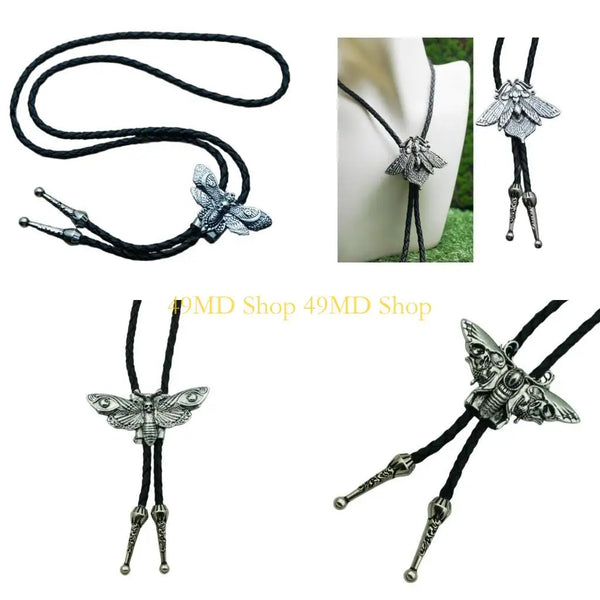 49MD Mens Gothic Western Bolo Tie Cowboy Necktie Metal Skull Moths Pedant Necklace