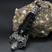 Nordic Mythology Wolf Head Keychain Men's Retro Handmade Survival Rope Lanyard Pendant Keyring Vikings Runes Vegvisir Jewelry