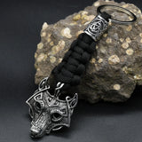 Nordic Mythology Wolf Head Keychain Men's Retro Handmade Survival Rope Lanyard Pendant Keyring Vikings Runes Vegvisir Jewelry