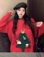 Autumn Winter Women Red Sweet Chic 3D Christmas Tree Knitted Sweater Casual O Neck Long Sleeve Pullover Tops Female Loose Jumper