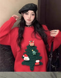 Autumn Winter Women Red Sweet Chic 3D Christmas Tree Knitted Sweater Casual O Neck Long Sleeve Pullover Tops Female Loose Jumper