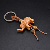Lucky Wooden Elephant Keychain Handmade Carved Pendant Key Ring for Women Men Religious Gift Boho Jewelry Wholesale