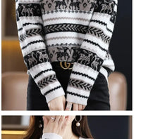 Autumn Winter Women Simple Elk Deer Jacquard Christmas Knitted Sweater Y2K Casual O Neck Long Sleeve Pullover Tops Loose Jumpers