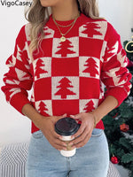 VigoCasey 2025 Autumn Winter Lady Christmas Knitted Sweater Women O Neck Plaid Print Pullover Lantern Long Sleeve Loose Jumper