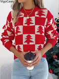 VigoCasey 2025 Autumn Winter Lady Christmas Knitted Sweater Women O Neck Plaid Print Pullover Lantern Long Sleeve Loose Jumper