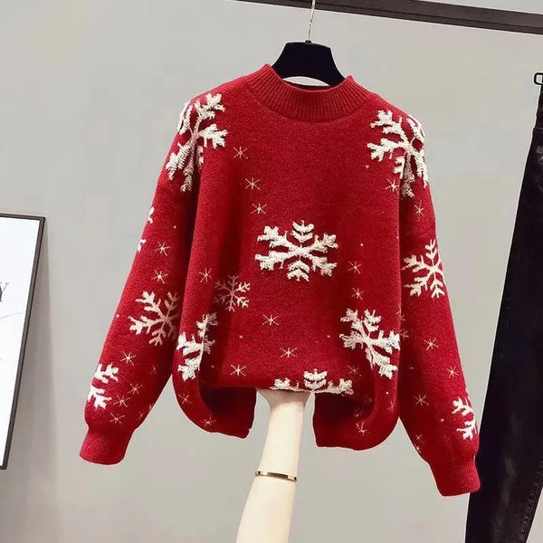 Knitted Sweater Women's Pullover Bottoming Shirt With Autumn And Winter New Style Lazy Style Red Christmas Dress Fashion Sweater