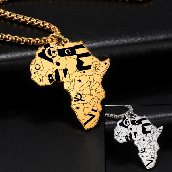 LIKGREAT Punk Africa Map With Flag Pendant Necklaces Stainless Steel Africa Countries Flags Necklace Chain for Women Men Jewelry