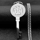 Islamic Arab Allah God Key Shaped Pendant Necklace for Men Women Stainless Steel Gold Color Muslim Chain Amulet Jewelry