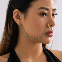 Lacteo Trendy Nose Rings for Women Connecting Earrings Black Green Small Crystal Beads Fake Nostril Piercing Clip Jewelry Ladies