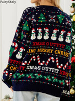 Fairyshely 2025 Winter Christmas Loose Knitted Sweater Women Casual Print Pullover Autumn Lady Casual O Neck Long Sleeve Jumper
