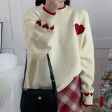 Xingqing Christmas y2k Sweaters Women Clothes Heart Print Round Neck Long Sleeve Knitted Pullover Tops 2000s Aesthetic Clothing