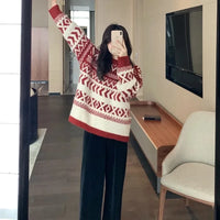 Retro Loose Casual Thickened Christmas New Year Geometric Pattern Women's Sweater Crew Neck Pullover Knitwear from Mainland Chin