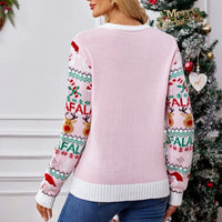 Xmas Look 2025 New Winter Pink Print Cute Soft Christmas Knitwear Long Sleeve O Neck Casual Loose Jumpers Jacquard Pullover Tops