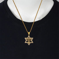 Hip Hop Iced Out Star of David Pendnat Male Gold Color Stainless Steel Candlestick Necklace For Men Jewish Party Jewelry Gift