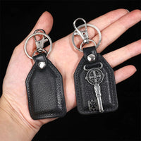 PU Leather Keychain Saint Christopher Charm Pendant Men Antique Bronze Plated Hook Keychain Car Keychain