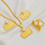 Ethiopian Eritrea Rectangle Jewelry Sets With Pearl Necklace Earrings Rings for Women Girls African Brides Accessories @340306