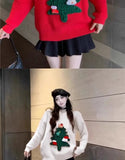 Autumn Winter Women Red Sweet Chic 3D Christmas Tree Knitted Sweater Casual O Neck Long Sleeve Pullover Tops Female Loose Jumper