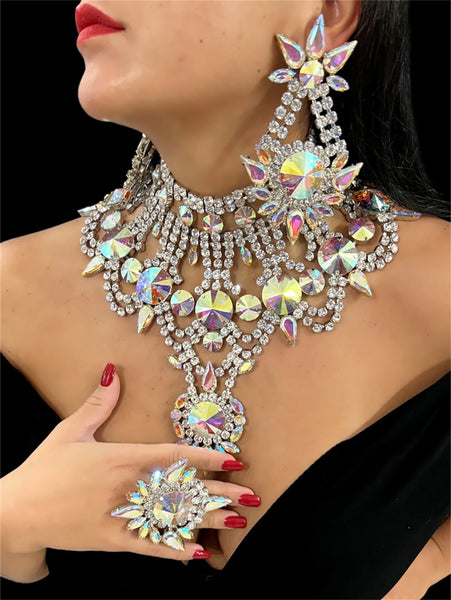 Fashionable sparkling rhinestone necklace set with exaggerated personality water drop earrings bride's wedding women's