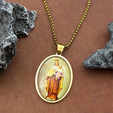 Virgin Mary Hold Baby Jesus Glass Medal Pendant Necklace for Women Men Stainless Steel Gold Color Catholic Amulet Chain Jewelry