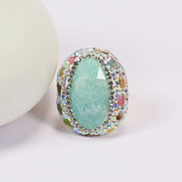 G-G Real Blue Amazonite Tourmaline Colorful CZ Paved Rings Adjustable Handmade Stone Ring Lady Simple Gifts