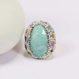 G-G Real Blue Amazonite Tourmaline Colorful CZ Paved Rings Adjustable Handmade Stone Ring Lady Simple Gifts